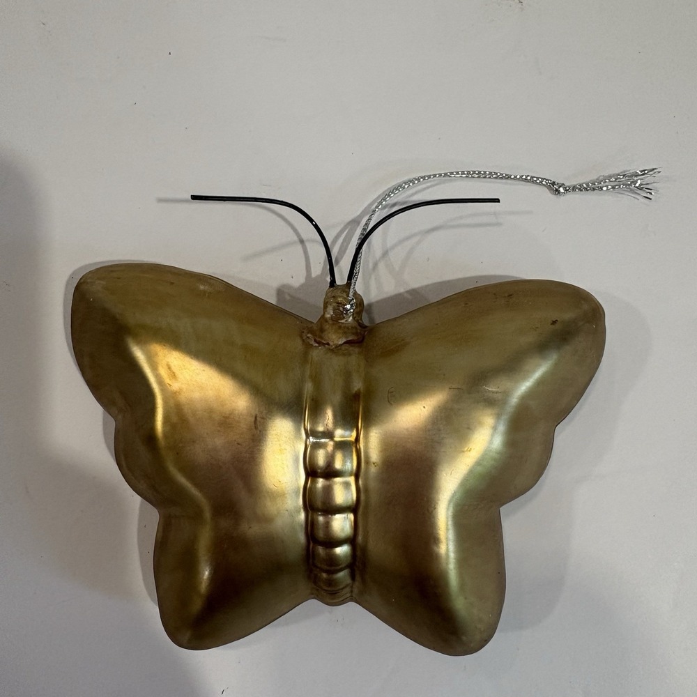 Vintage Hand Blown Glass Butterfly Ornament Gold Green Jeweled Christmas Decor - Picture 5 of 7